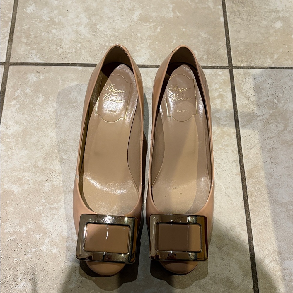 Roger Vivier Blush Peep Toe Heels with Buckle